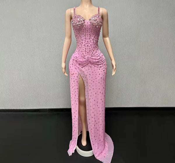 Women Sexy Sleeveless Pink Crystal Rhinestone Maxi Dress