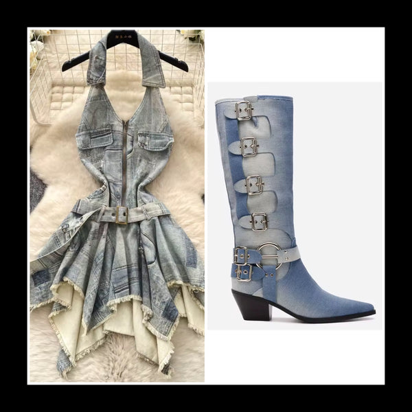 Women Halter Sleeveless Sexy Fashion Denim Dress