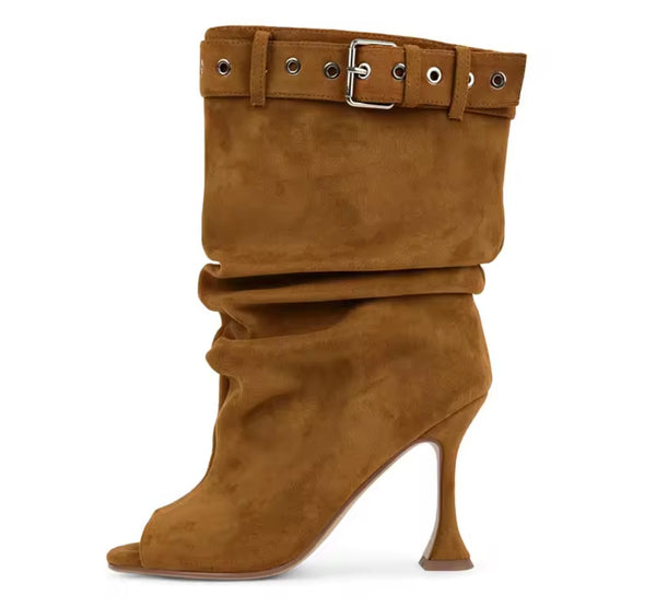 Women Color Open Toe Suede Buckle Ruched High Heel Boots