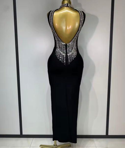 Women Black Sleeveless Open Back Rhinestone Maxi Dress