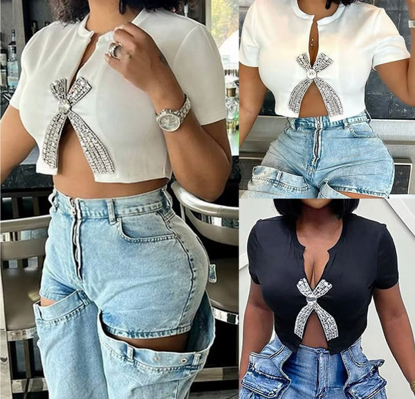 Women Fashion Short Sleeve Bling Bow Crop Top