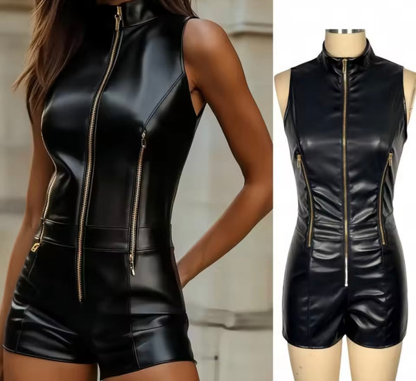 Women Black Zip Up Sleeveless PU Fashion Romper
