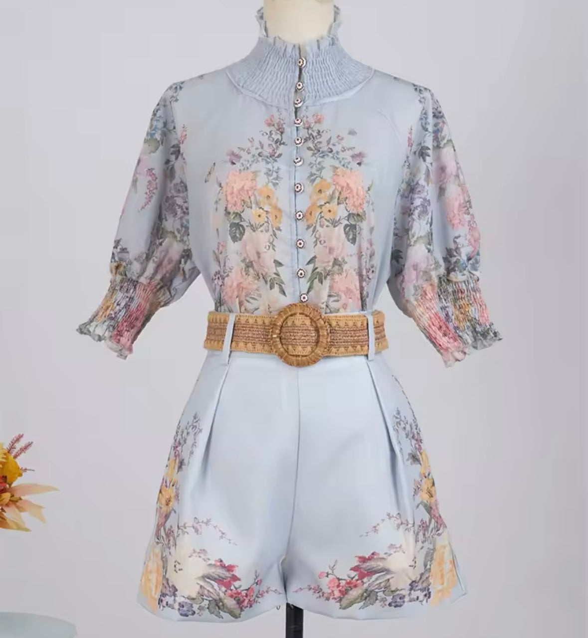 Women Fashion Button Up Floral Short Sleeve Two Piece Short Set