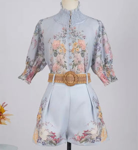 Women Fashion Button Up Floral Short Sleeve Two Piece Short Set