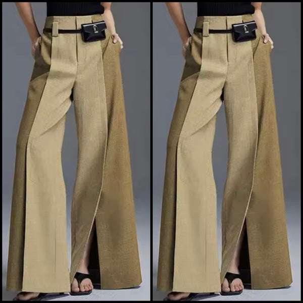 Women Fashion Color Patchwork Khaki Wide Leg Pants