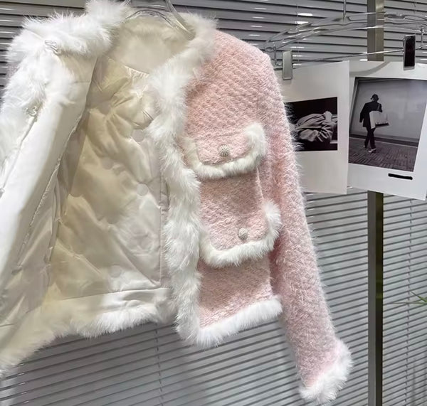 Women Pink Fur Patchwork Tweed Fashion Jacket