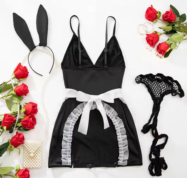 Women Sexy B&W Bunny Ears Headband Lingerie Set