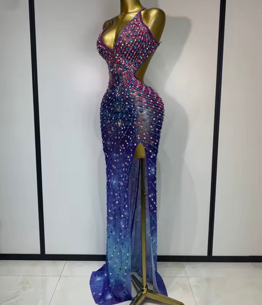 Women Sexy Halter Open Back Multicolored Rhinestone Maxi Dress