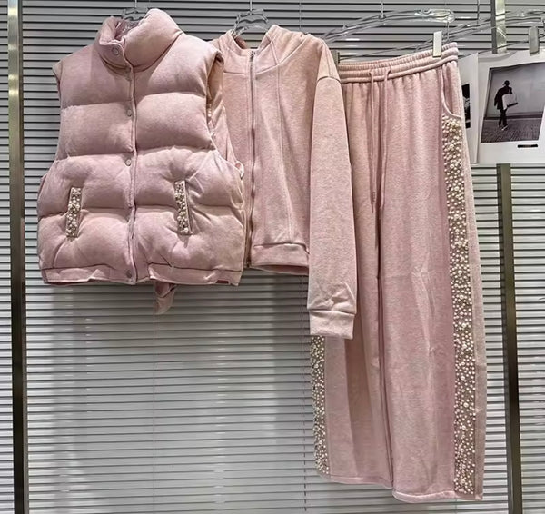 Women Bling Velour Tracksuit Puff Vest Three Piece Pant Set