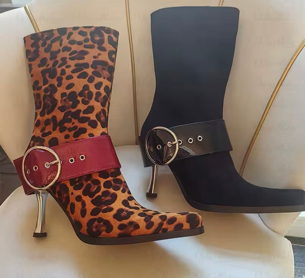 Women Fashion Leopard Suede PU Buckled Ankle Boots