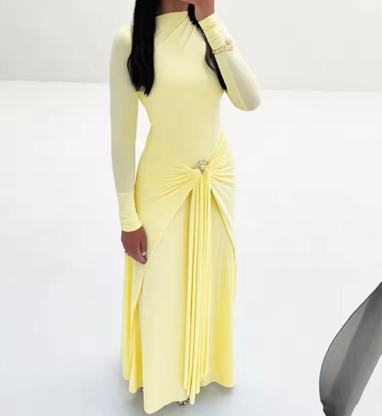 Women Sexy Solid Color Tassel Full Sleeve Maxi Dress