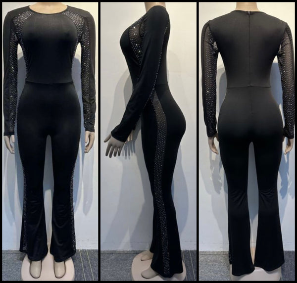 Women Sexy Mesh Bling Patchwork Full Sleeve Jumpsuit