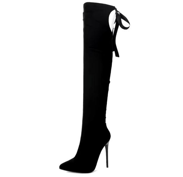 Women Fashion Black Pointed Toe Cut Out Tie Up Knee High Boots