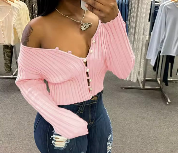 Women Pearl Button Up Ribbed Full Sleeve Fashion Crop Top