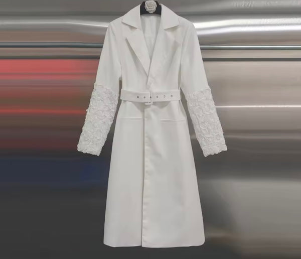 Women White Fashion Floral Sleeve Belted Trench Jacket