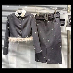 Women Gray Bling Button Up Feather Blazer Two Piece Skirt Set