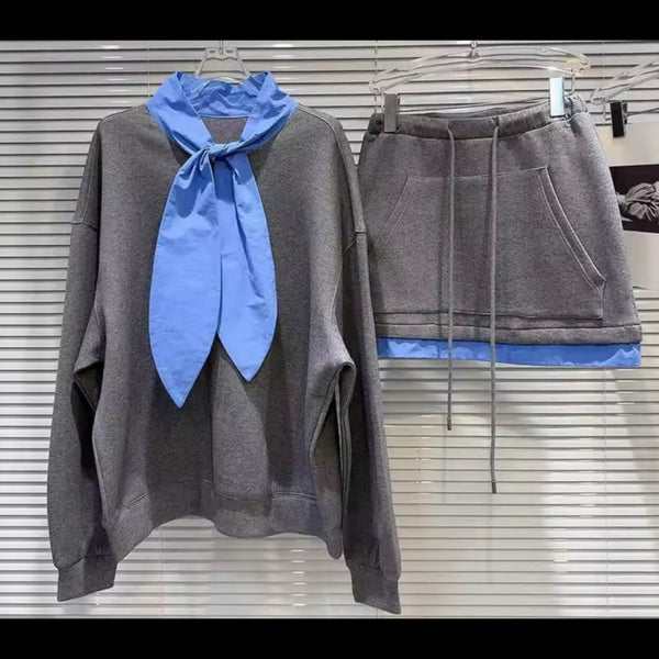 Women Collar Color Patchwork Sweater Two Piece Skirt Set