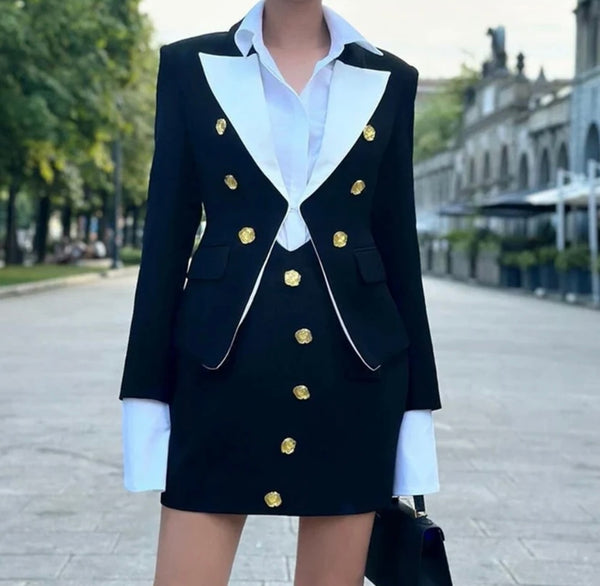 Women Sexy B&W Gold Button Up Two Piece Skirt Set