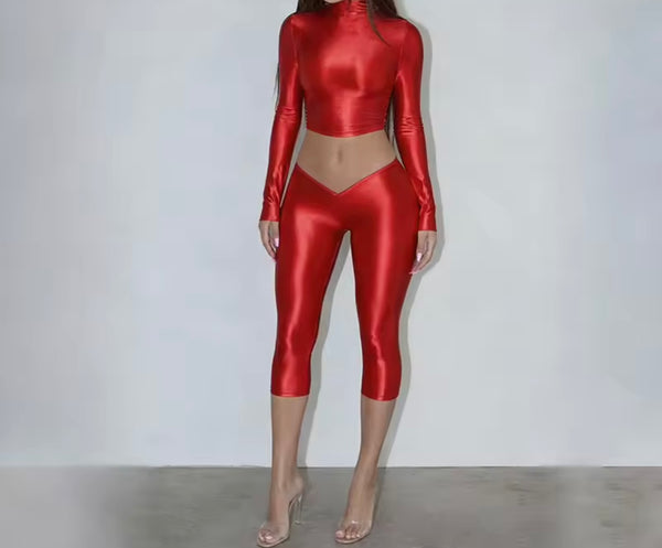 Women Sexy Fashion Turtleneck Full Sleeve Two Piece Capri Pant Set