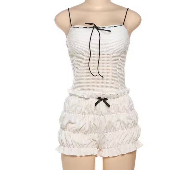 Women Fashion Sleeveless Ruffled Two Piece Short Set