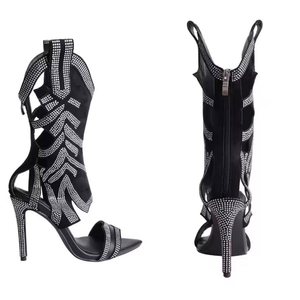 Women Fashion Open Toe Black Rhinestone High Heel Ankle Boots