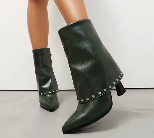 Women Pointed Toe Rivet High Heel Fashion Ankle Boots
