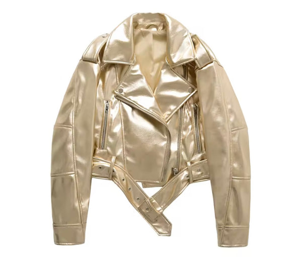 Women Gold Fashion Faux Leather Buckled Jacket