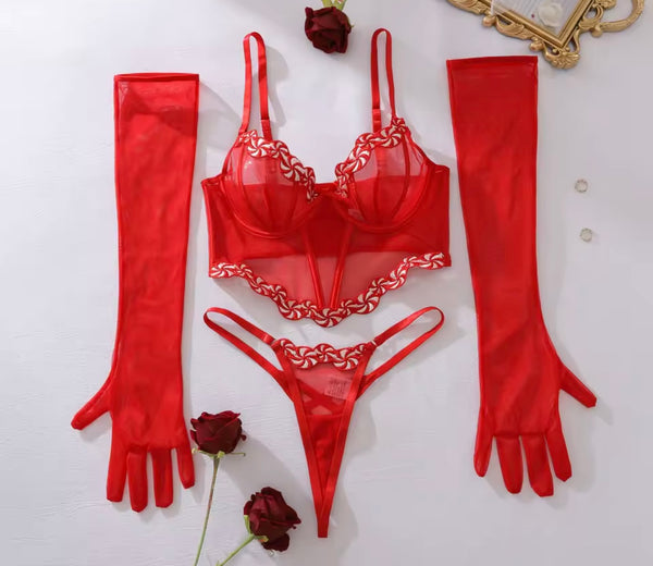 Women Sexy Red Mesh Glove Lingerie Set