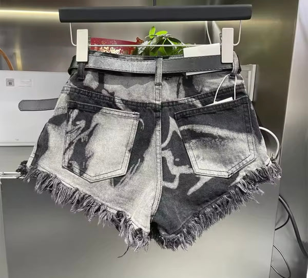 Women Fashion Tie Dye Fringe Denim Shorts