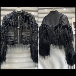 Women Black Zip Up Fashion Faux Fur/Leather Jacket