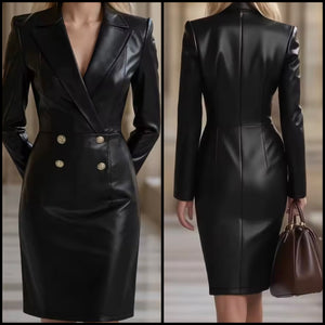 Women Black Button Full Sleeve Faux Leather Fashion Dress