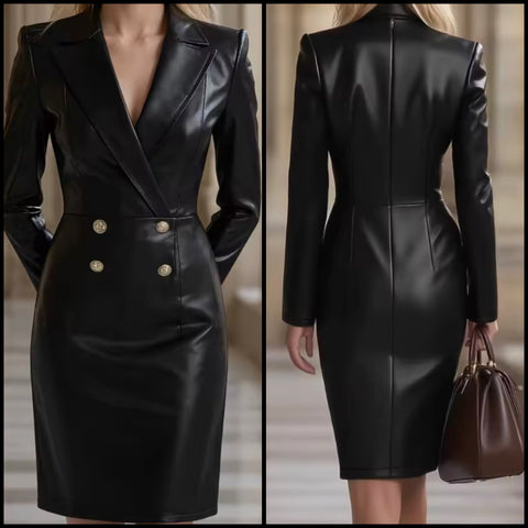 Women Black Button Full Sleeve Faux Leather Fashion Dress