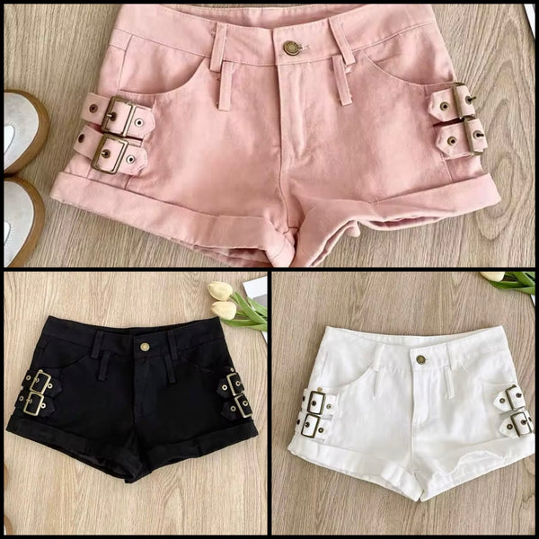 Women Fashion Color Buckled Denim Shorts