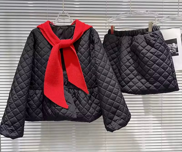 Women Quilted Fashion Hooded Jacket Two Piece Skirt Set