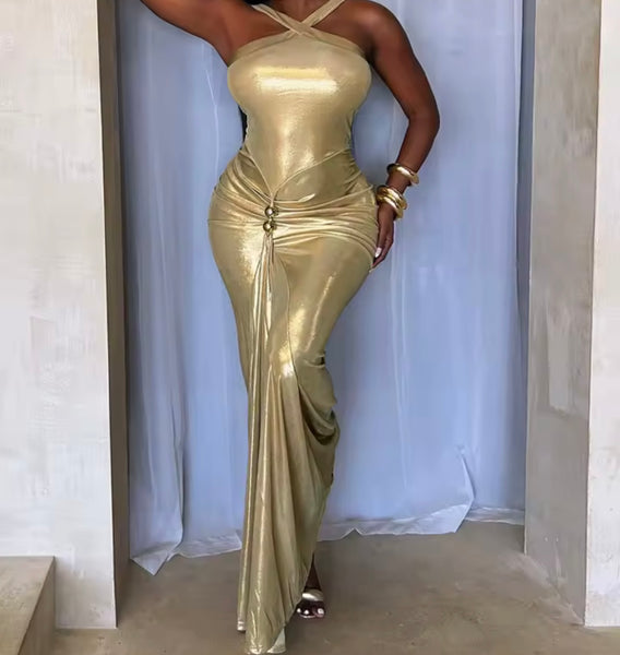 Women Halter Sleeveless Metallic Sexy Maxi Dress