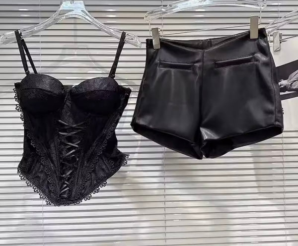 Women Sexy Lace Sleeveless Tank Two Piece PU Short Set