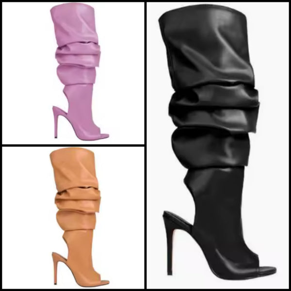 Women Open Toe Ruffle Faux Leather High Heel Fashion Boots