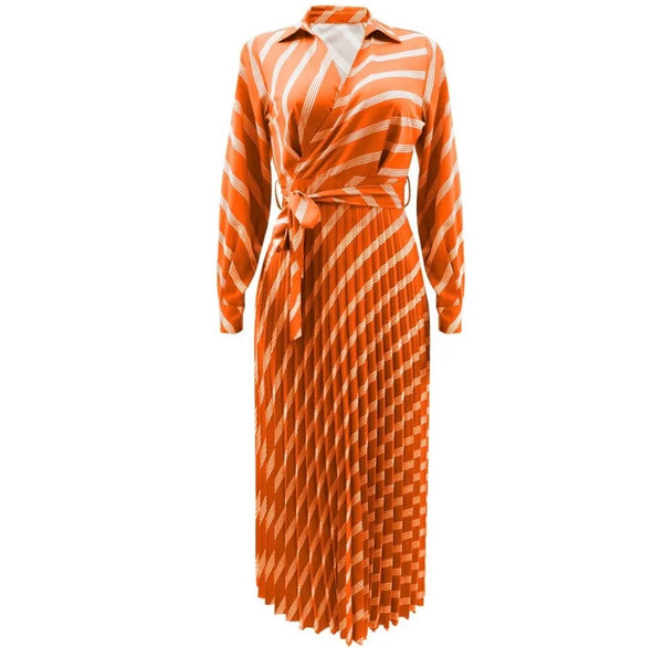 Women Full Sleeve Striped Pleated Maxi Dress