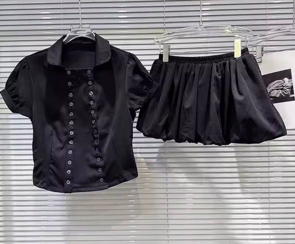 Women Collar Rivet Short Sleeve Black Two Piece Skirt Set