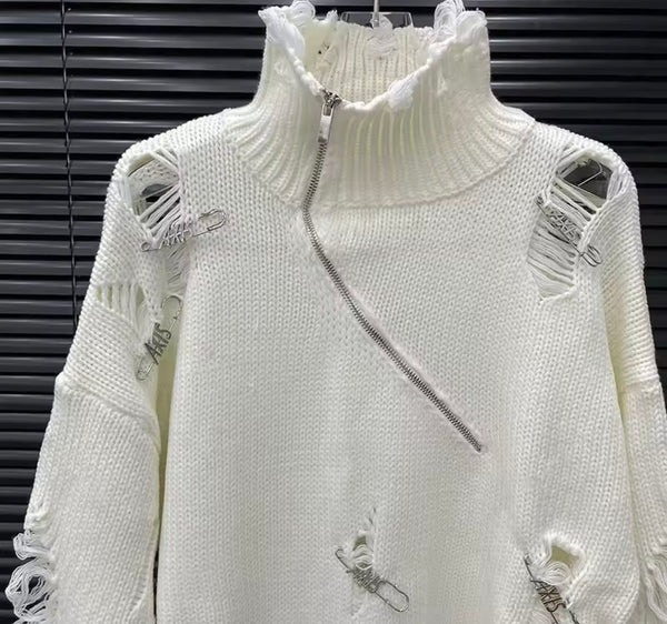 Women Turtleneck Ripped Safety Pin Asymmetrical Zip Up Sweater Top