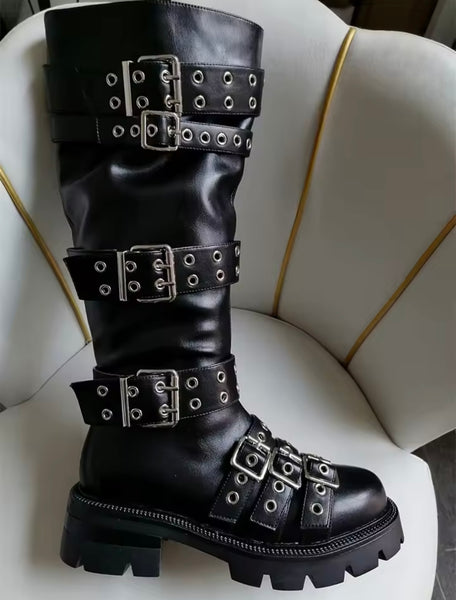 Women Black Buckled Round Toe Fashion Flat Knee High Boots