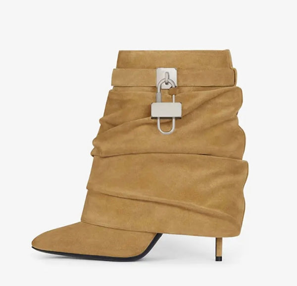 Women Fashion Pointed Toe Ruched Buckled Lock Ankle Boots