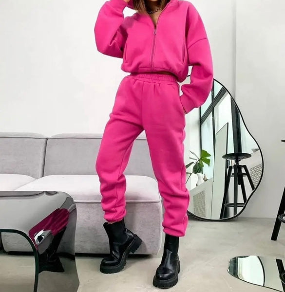 Women Fashion Color Hooded Zip Up Two Piece Tracksuit Pant Set