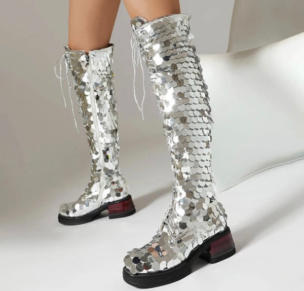 Women Fashion Silver Sequins Lace Up Knee High Boots