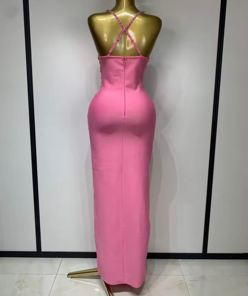 Women Pink Rhinestone Sexy Sleeveless Maxi Dress