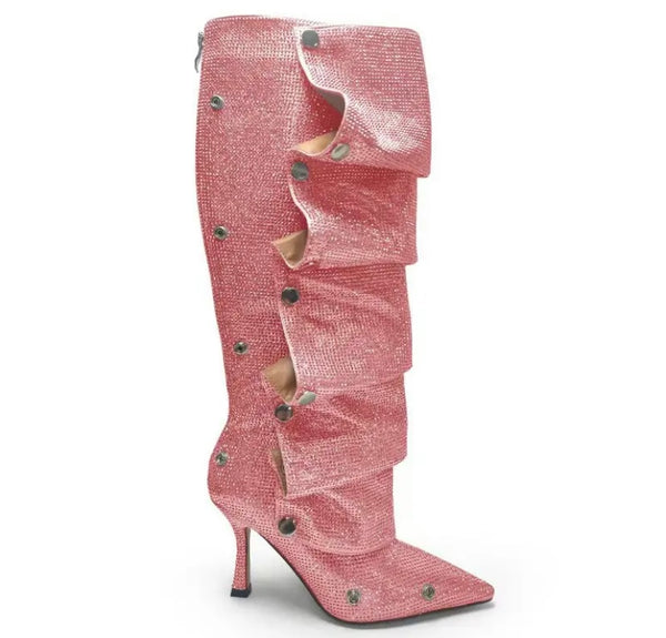 Women Fashion Pointed Toe Bling Button Knee High Boots