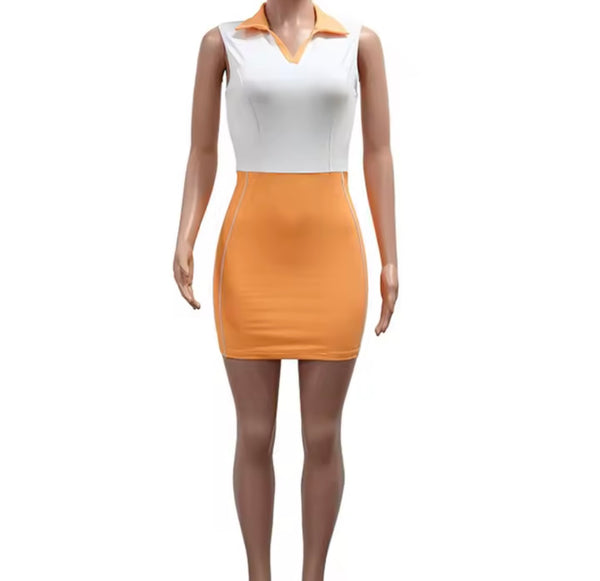 Women Sexy Collar Sleeveless Color Patchwork Dress