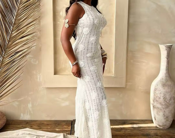 Women Sexy Sleeveless Solid Color Floral Maxi Dress