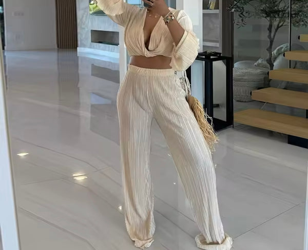 Women Sexy Full Sleeve Crop Solid Color Two Piece Pant Set