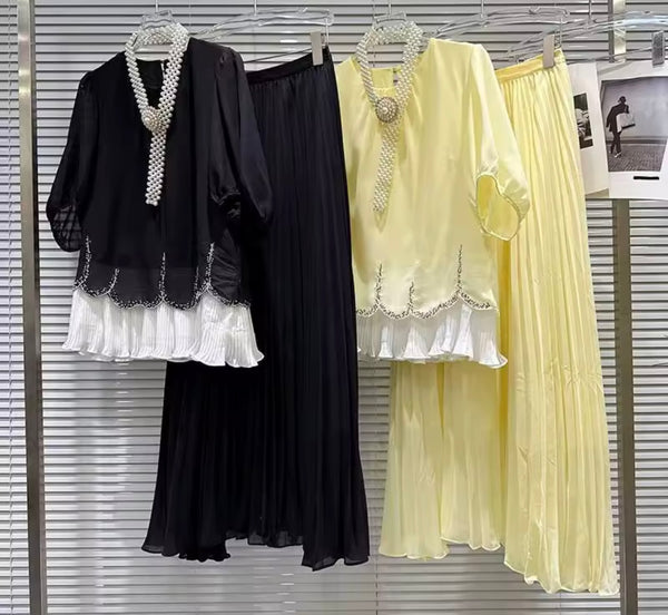 Women Short Sleeve Pearl Belted Two Piece Pleated Maxi Skirt Set